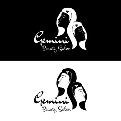 Beautiful twin girl for Gemini horoscope tattoo or classic women beauty salon logo design