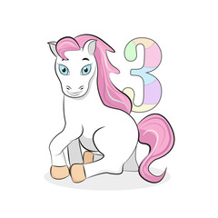 A white pony with blue eyes and a pink mane with a multi-colored number 3. Decor for an invitation to a birthday party for 3 years