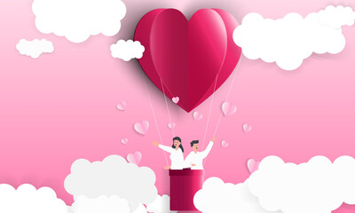 Fototapeta na wymiar Happy Valentine's Day poster or voucher. Beautiful paper cut white clouds, heart shaped balloons on pink background. vector illustration paper cutting style place for text