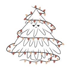 Line art Christmas tree with poker face and garland, minimalistic vector art.