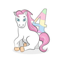 A white pony with blue eyes and a pink mane with a multicolored number 4. Decor for an invitation to a birthday party for 4 years