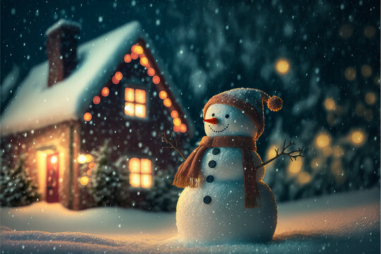 A beloved snowman dresses up for Christmas in the garden of the family home in winter, an image full of warmth and sweetness.