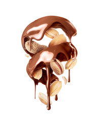Melted chocolate in a twisted shape with peanut closeup isolated on a white background