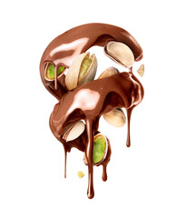 Melted chocolate in a twisted shape with pistachios closeup isolated on a white background