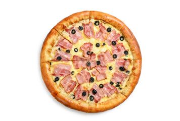 Pizza with bacon and olives on a white background. View from above
