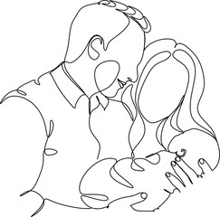 Happy family in continuous line art drawing style. United family portrait of parents and their little girl kid black linear sketch isolated on white background. Vector illustration