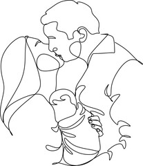 Happy family in continuous line art drawing style. United family portrait of parents and their little girl kid black linear sketch isolated on white background. Vector illustration