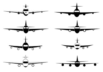 Airplane vector icon. Icon set. Flight transport symbol. Travel illustration. Flying up airplane icon. Vector illustration. Airplane in sky. Flying civil aircraft transport