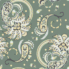 Turkish Cucumber Paisley. Seamless vector pattern in traditional oriental style with flowers, leaves and fantasy elements. Fabric and wallpaper cover