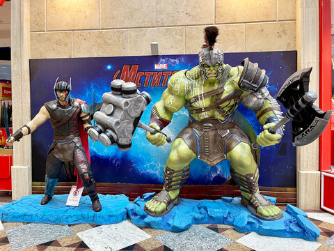 Moscow, Russia, December, 04, 2022.  Team of superheroes from Marvel Comics in the central store "Detsky Mir" on Lubyanka in the winter of 2022. Moscow