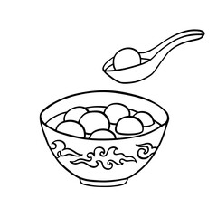 Chinese sweet rise balls in plate with spoon isolated on white. Outline hand drawn sketch of tang yuan or yuanxiao, traditional food on Lantern festival. Vector element, China holidays illustration.