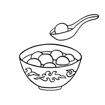 recommend clip art: Chinese sweet rise balls in plate with spoon isolated on white. Outline hand drawn sketch of tang yuan or yuanxiao, traditional food on Lantern festival. Vector element, China holidays illustration.