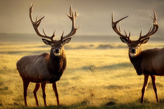Red deer stag in morning sunlight super realistic hd wildlife photography, AI Generated
