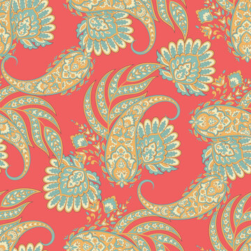 Floral seamless pattern with paisley ornament. Vector illustration in asian textile style