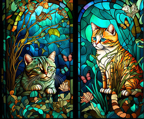 Stained Glass Windows with Cats in the window.
Generative ai