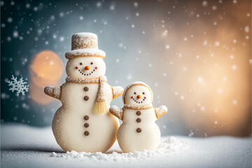 Fototapeta premium A white snowman in the shape of a cake: ideal for creative banners around the theme of Christmas and December, with light in the background as a bokeh.