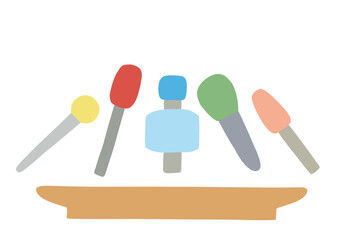 Many different microphones on the table, tribune during the press conference, interview. Freehand drawing. Doodle. Hand Drawn. Outline.