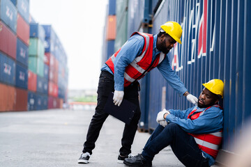 Engineer Tired foreman working at container terminal loading containers Male employee falls asleep during work.