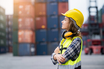Confident female industrial engineer wearing a white helmet A safety vest works in a cargo...
