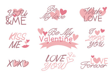 Set of Valentine's day letters. Decoration lettering collection for Valentine. Happy Valentine's day message icons. Vector illustration.