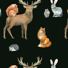 Fototapeta premium Forest animals pattern. Watercolor seamless pattern. Digital paper.