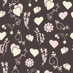 Decorative seamless pattern with spirals, flowers, plants and hearts. Folk style. Textiles, printed matter, bedding, packaging design and wallpaper.