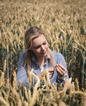 Nachdenkliche Landwirtin knieend in einem Getreidefeld.