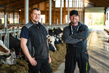 Vater und Sohn, beide Landwirte stehen zufrieden in ihrem modernen Kuhstall.