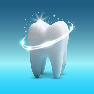 Realistic tooth. 3d teeth whitening. Realistic Healthy tooth with glowing effect.
