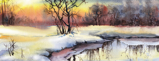 Winter landscape in watercolor.Reflection of  tree in  river.Sunset in  forest.Watercolor illustration.