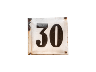 Old vintage minimalist street adress number sign with number 30 is isolated on white background.