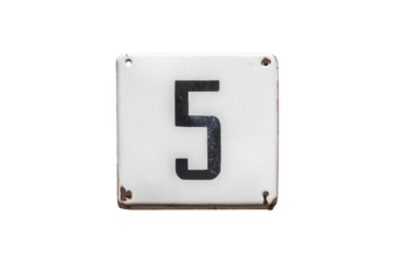 Old vintage minimalist street adress number sign with number 5 is isolated on white background.