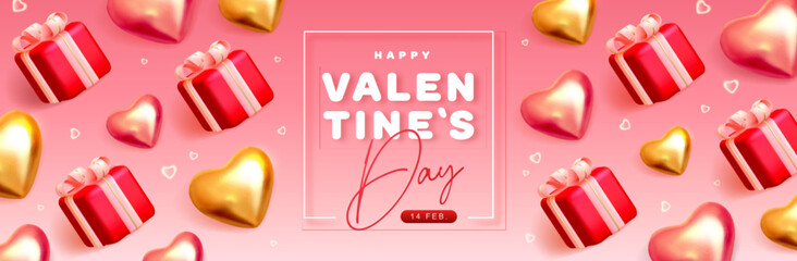 Happy Valentines Day top view poster with 3D love hearts and gift boxes. Valentine holiday background. Vector illustration