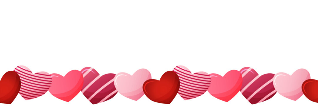 Seamless border cute hearts, lovely romantic background. Valentines day, Mothers day, wedding vector illustration isolated on white background. Backdrop, wallpaper, textile, fabric, wrapping