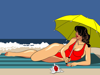 A beautiful, charming woman with an umbrella is sunbathing on the beach. Color drawing on a blue background.