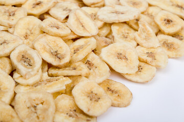 Sliced ​​dried banana. Selective focus.