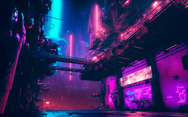 Purple neon night in a industrial zone of a cyberpunk city. Futuristic cityscape. City of a future with bright neon lights. Grunge urban wallpaper. Generative AI illustration. - obrazy, fototapety, plakaty