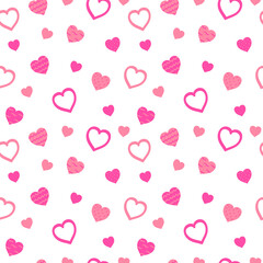 Seamless pattern of cute drawn hearts. Gentle romantic background for Valentine's Day. Suitable for fabric, wallpaper, wrapping paper, packaging, textiles, banners, greeting cards, invitations 