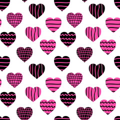 Seamless pattern of cute drawn hearts. Gentle romantic background for Valentine's Day. Suitable for fabric, wallpaper, wrapping paper, packaging, textiles, banners, greeting cards, invitations 