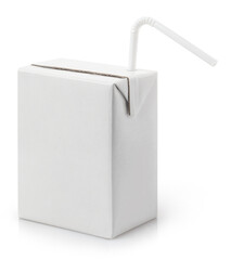 Blank carton juice pack with plastic tube, isolated on white background