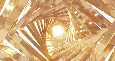 A spinning golden metal tunnel with walls of ribs and lines in the shape of a square with reflections of luminous sunbeams. Abstract background