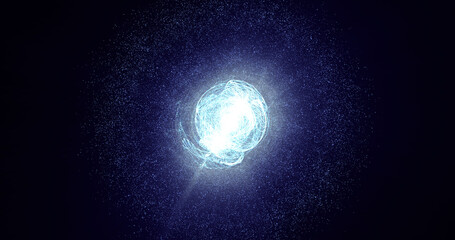blue star energy sphere ball with an explosion of energy in the core on a black background hi-tech space. Abstract background