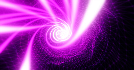 Abstract purple futuristic tunnel from a grid of particles lines glowing bright shiny neon digital magical energy on a dark background. Abstract background