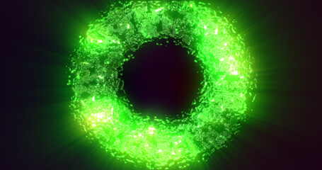 Futuristic abstract exploding rings circles glowing radiant magical energy on black background. Abstract background