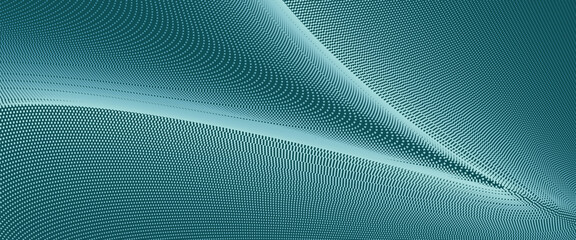 Bright turquoise green technology background with spotted curves. Futuristic luminous pattern of dotted lines. Abstract design. Industrial concept for landing page, banner, website, voucher, coupon