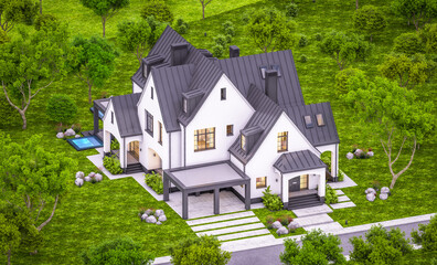 3d rendering of cute cozy white and black modern Tudor style house with parking  and pool for sale or rent with beautiful landscaping. Fairy roofs. Clear summer evening with cozy light from window