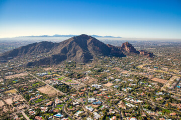 Above Paradise Valley, Arizona looking SW at Camelback Mountain on a cool December morning.