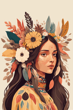 boho indian tribal girl portrait with feathers in hair and wearing traditional poncho