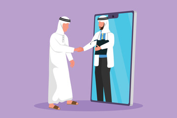 Character flat drawing Arabian male patient standing and shaking hands with male doctor coming out of smartphone and holding clipboard. Online medical consultation. Cartoon design vector illustration