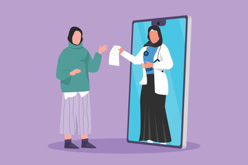 Graphic flat design drawing Arabian female patient receiving prescription from female doctor coming out of smartphone screen. Online medical healthcare consultation. Cartoon style vector illustration